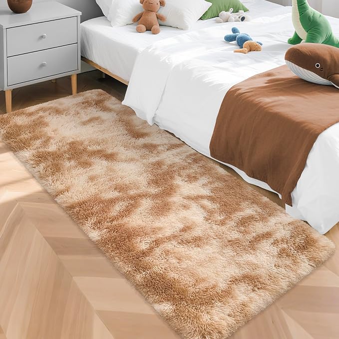 Super Soft Fluffy Living Room Area Rugs 2x5 ft Tie-Dyed Beige Shaggy Furry by JiaoBaba
