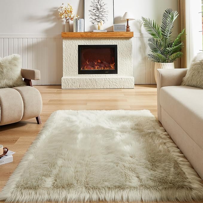 AMTOVO Faux Fur Sheepskin Rug for Living Room, 4 x 6 ft Light Grey Fluffy Area - Image 2