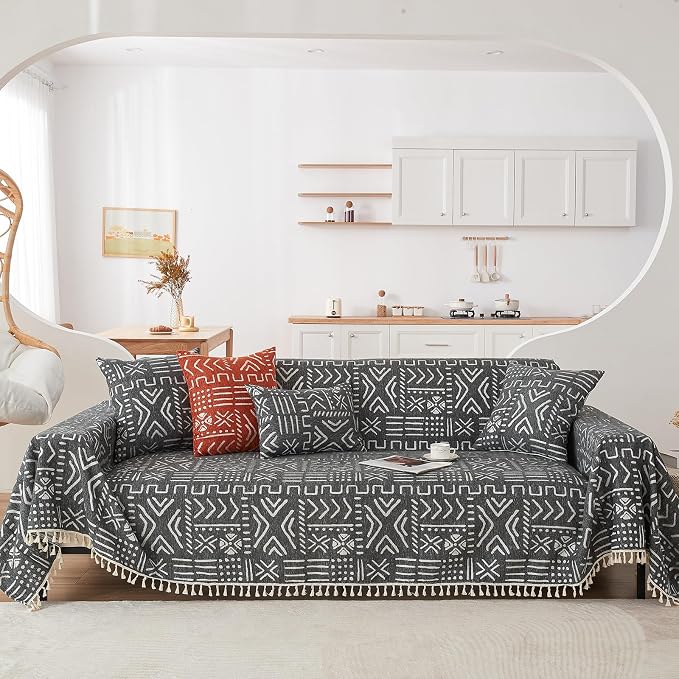 HANDONTIME Black White Boho Sofa Cover Geometric Farmhouse Tassel Couch Covers by HANDONTIME