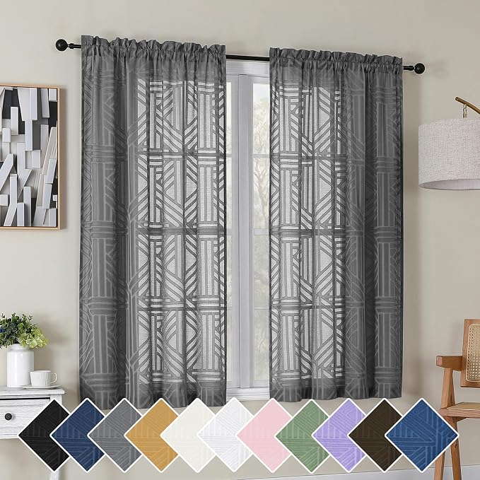 Simplebrand Grey Semi Sheer Curtains 54 Inch Length 2 Panels, Geometric by Simplebrand