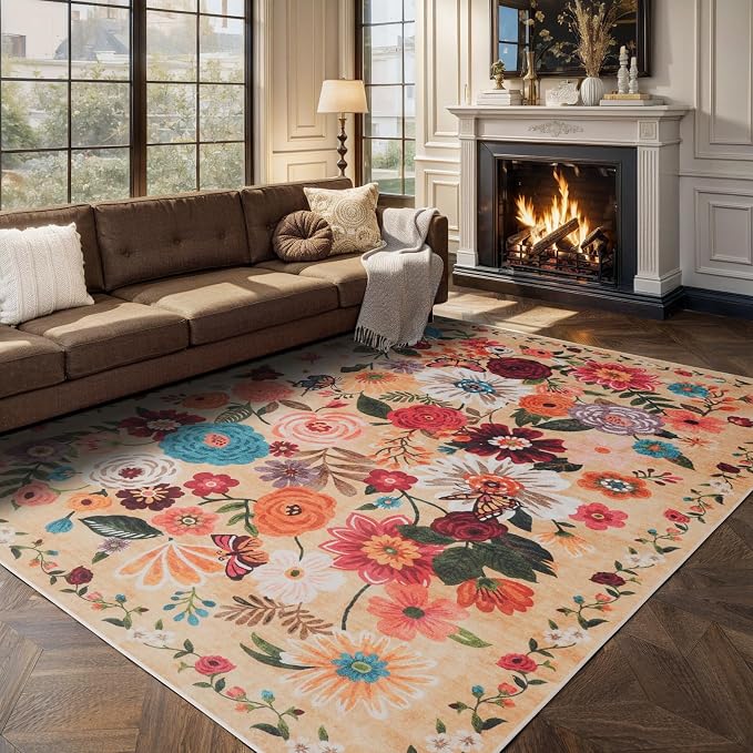Area Rugs 10x14 Living Room, Non Slip Machine Washable Floral Rugs, Low Pile - Image 6