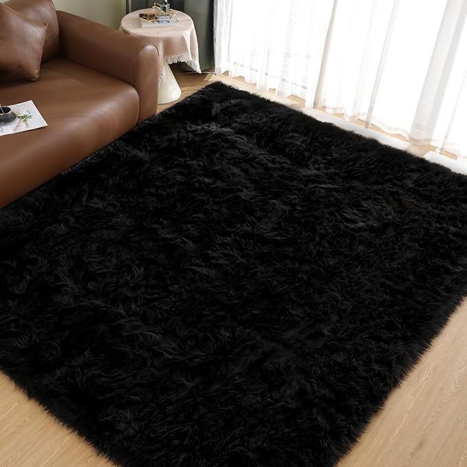 Goolela Black Sheepskin Area Rug 8x10 Fluffy Fuzzy Furry Shag Carpet by Goolela