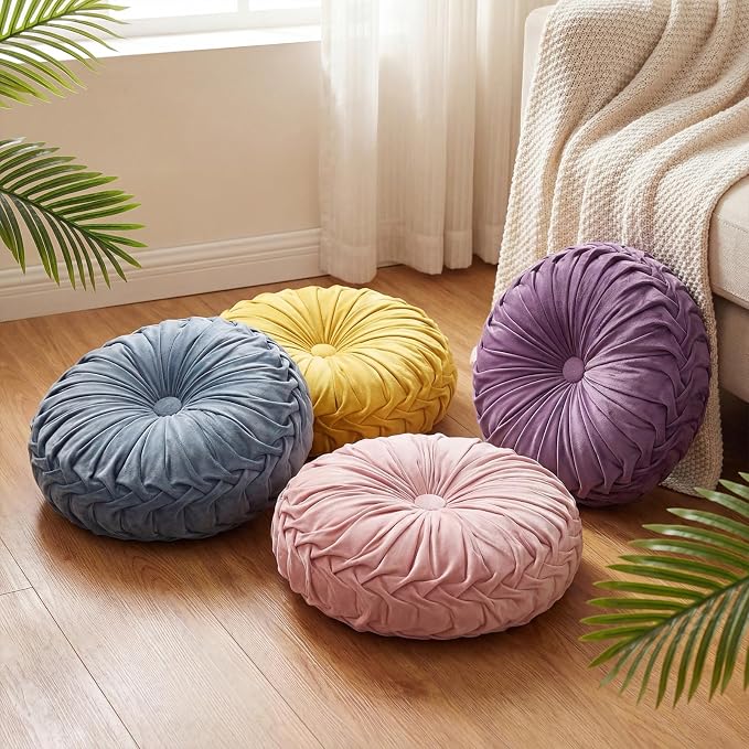 Kathfly Set of 4 Decorative Round Pleated Throw Pillows, Classy Velvet Pumpkin - Image 5