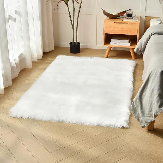 duduta White Faux Sheepskin Fur Rug 3x5 ft, Fluffy Shag Bedroom Dorm Nursery by duduta
