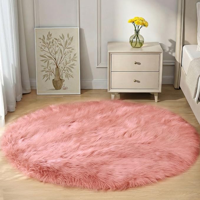 Goolela Pink Circle Rug 4ft for Girls Bedroom Round Fuzzy Fluffy Faux Fur - Image 2