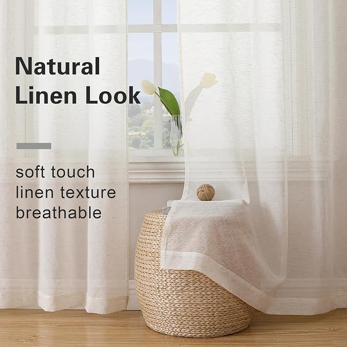Simplebrand Natural Linen Textured Sheer Curtains 63 Inch Length 2 Panels - Image 3