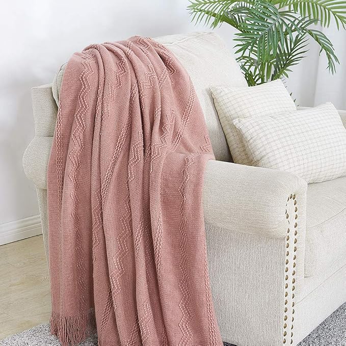 BOURINA Coral Pink Throw Blanket 50 x90 Inches Textured Solid Soft Sofa Throw - Image 3