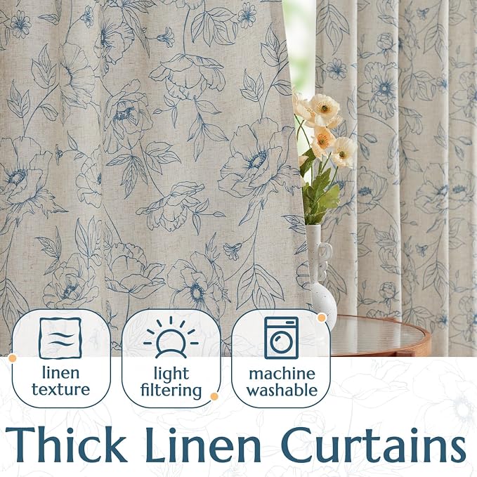 jinchan Floral Linen Curtains for Living Room 63 Inch Length Blue Flower - Image 3