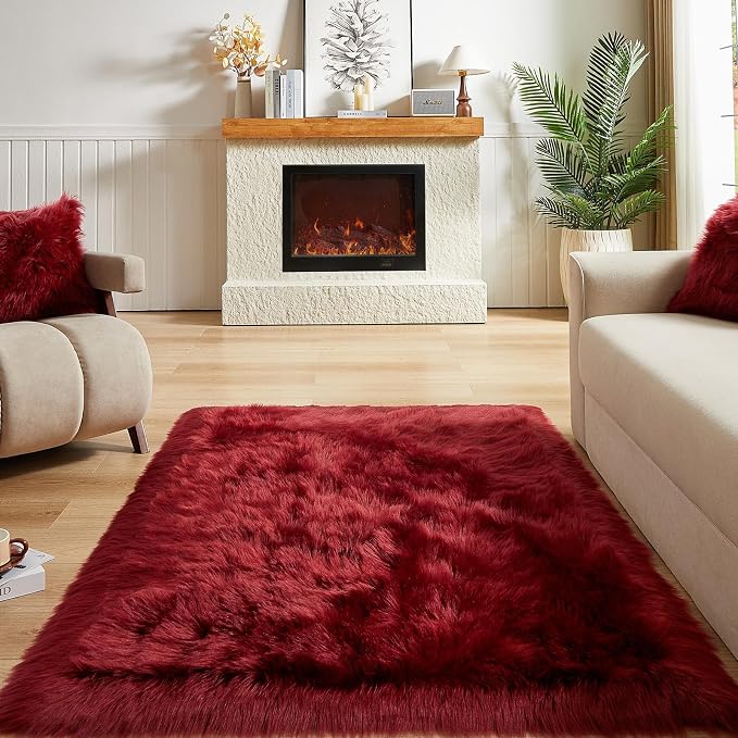 AMTOVO Faux Fur Sheepskin Rug for Living Room, 4 x 6 ft Burgundy Fluffy Area - Image 2