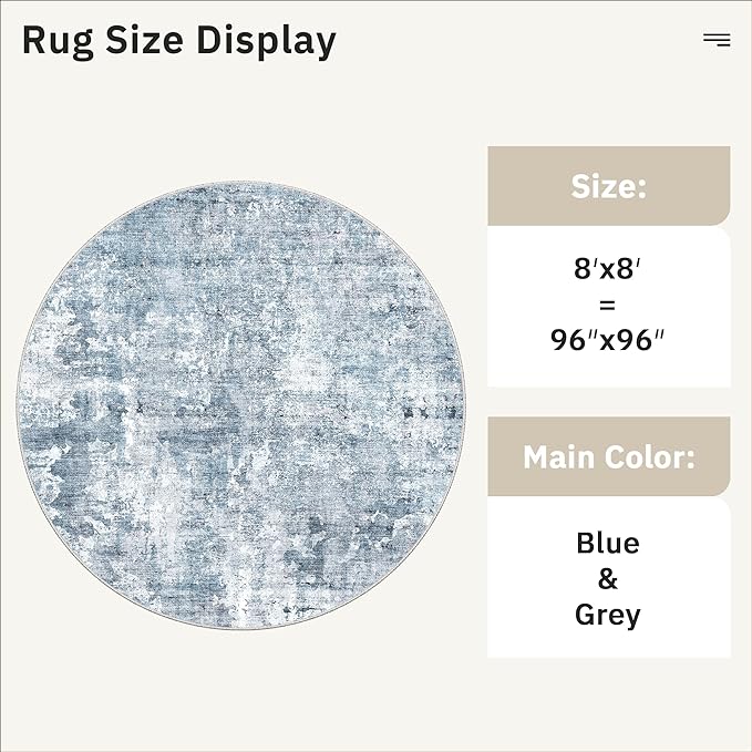 8x8 Blue/Grey Round Rug 8ft Living Room Circle Rug Vintage Round Area Rug Non - Image 5
