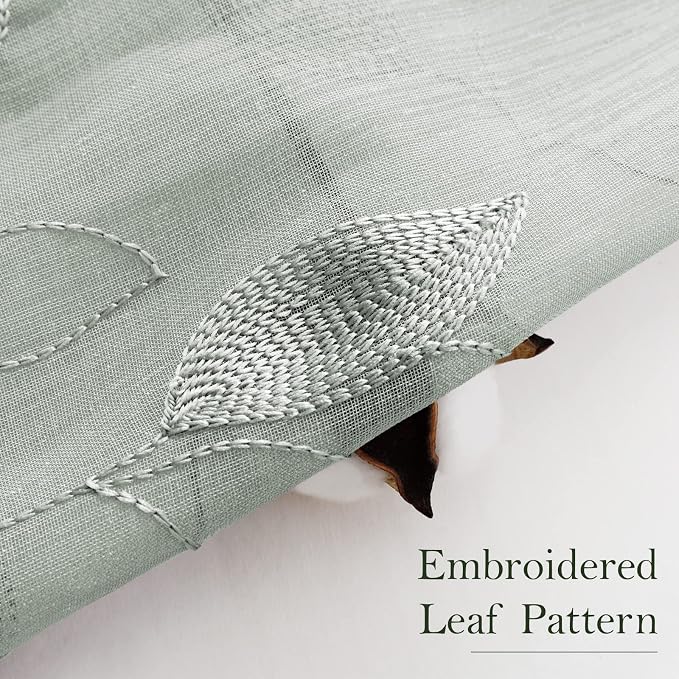 HOMEIDEAS Sage Green Sheer Curtains 52 X 96 Inches Long 2 Panels Embroidered - Image 3