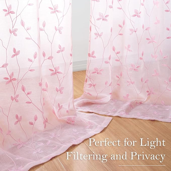 HOMEIDEAS Pink Sheer Curtains 52 X 96 Inches Length 2 Panels Embroidered Vine - Image 6