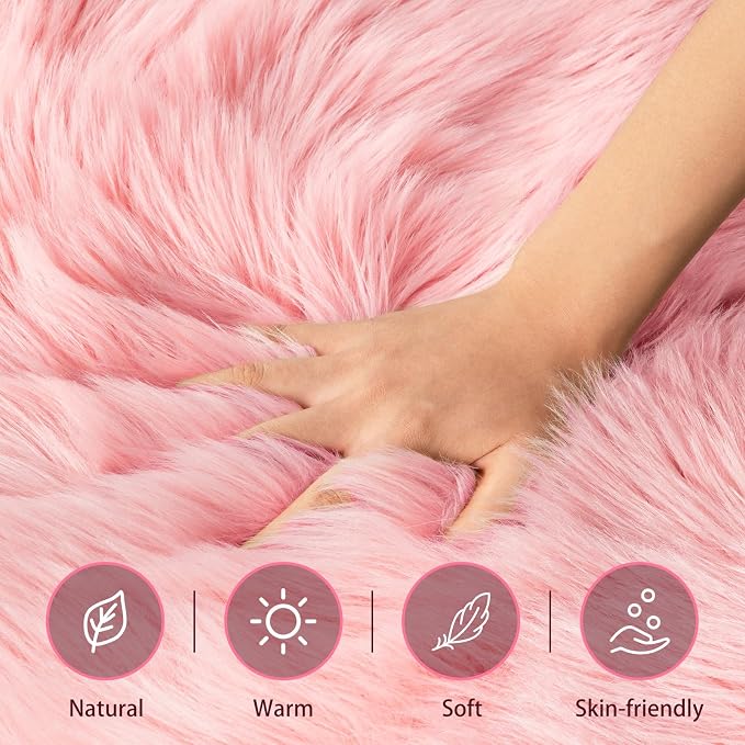 Ciicool Faux Sheepskin Rug Soft Faux Fur Rugs Pink Fluffy Rugs Chair Couch - Image 3