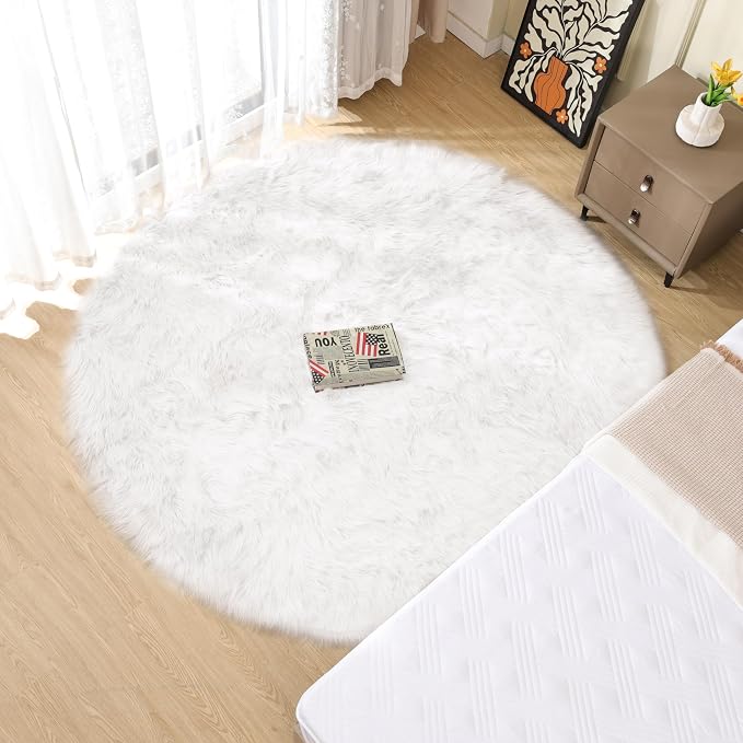 ORINOVA White Fluffy Faux Sheepskin Washable Fur Round Rug 5ft Nursery Rugs - Image 6