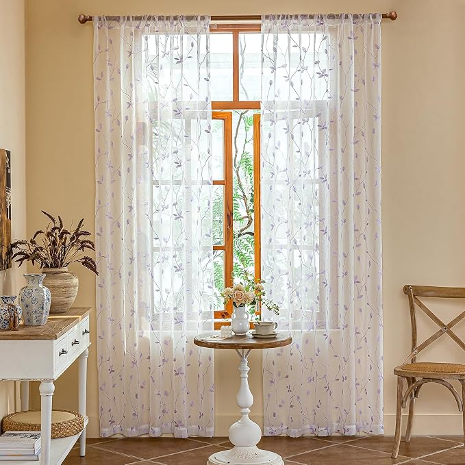 AmHoo 2 Panels Embroidered Leaf Pattern Semi Sheer Curtains Foliage Floral - Image 2