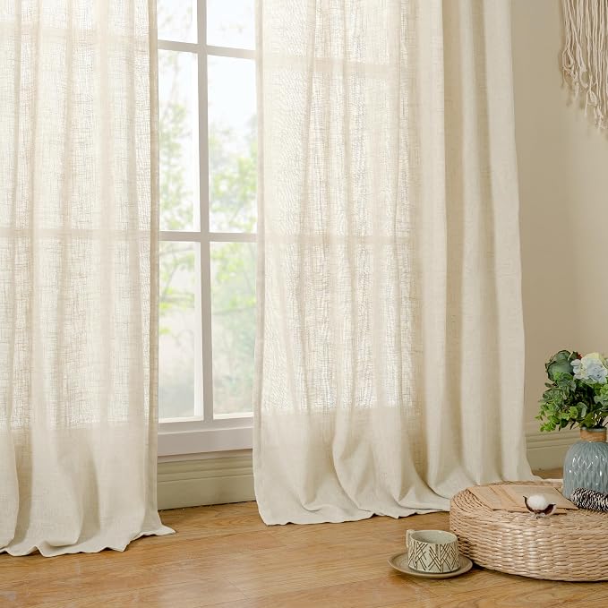 LAMIT 102 inches Long Sheer Linen Curtains, Linen Textured Light Filtering Semi - Image 9