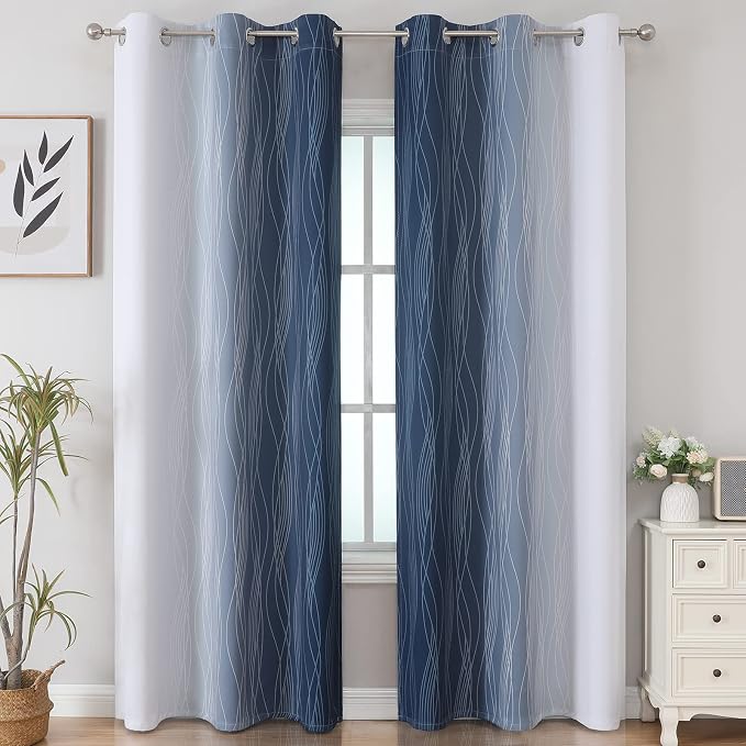 Estelar Textiler Navy Blue and Greyish White Blackout Curtains 84 Inches Long - Image 2