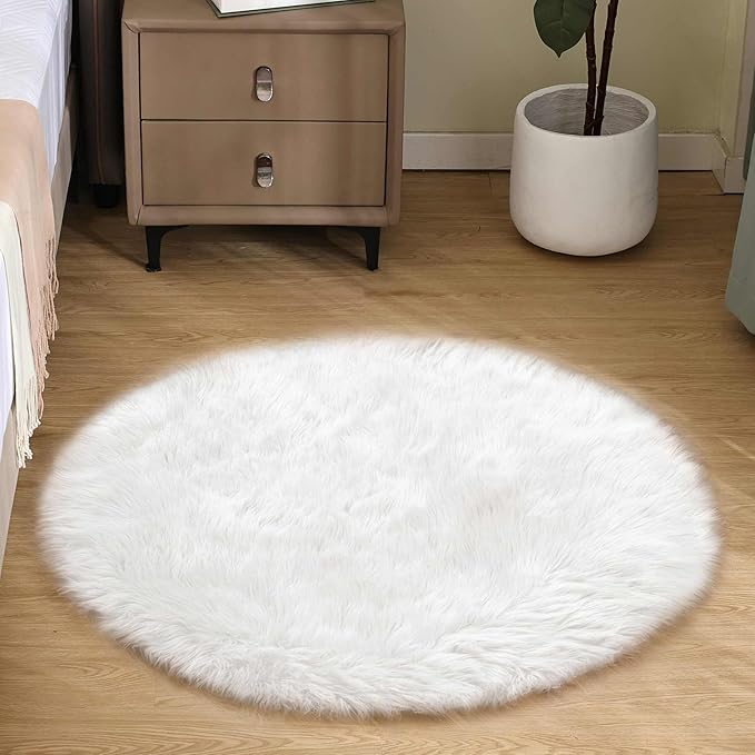 Goolela White Round Rug 3ft Fluffy Faux Sheepskin Fur Rug Small Circle Fuzzy by Goolela