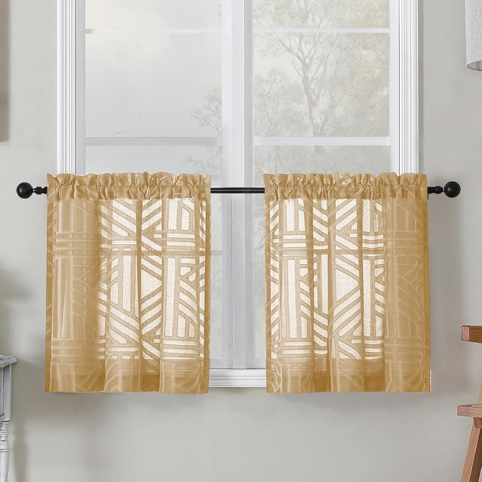 Simplebrand Sheer Gold Kitchen Curtains 24 Inch Length Tier Curtains 2 Panels by Simplebrand