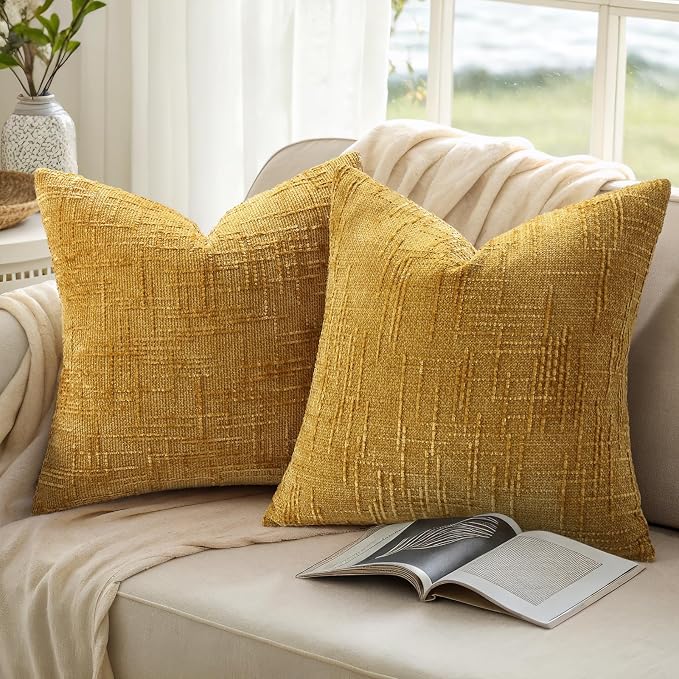 decorUhome Summer Mustard Yellow Chenille Throw Pillow Covers 18x18 Set of 2 - Image 8
