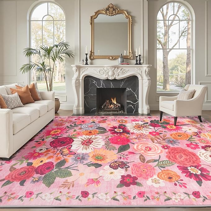 Pink Area Rugs 9x12 Living Room Washable Rug Non Slip Floral Low Pile Large Rug by WelcometoBabovid