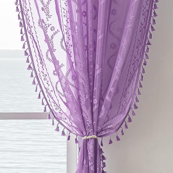 WAZZIO Boho Lace Curtains 84 Inch 2 Panels -Sheer Panel Drape Floral Pattern & by WAZZIO