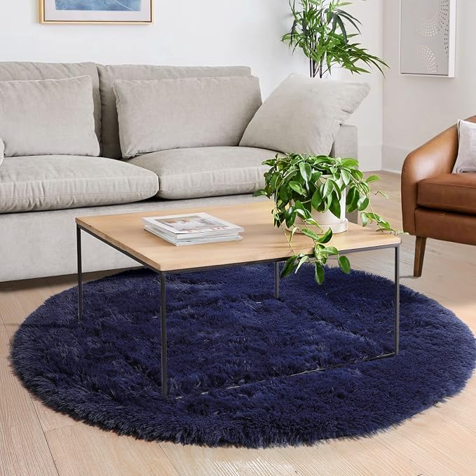 Dark Navy Round Rugs 5Ft for Teen Boys Bedroom, Circular Fluffy Shag Fuzzy - Image 3