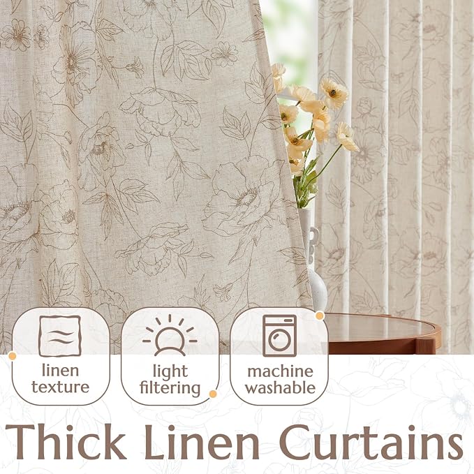 jinchan Floral Linen Curtains for Living Room 96 Inch Length Taupe Flower - Image 3