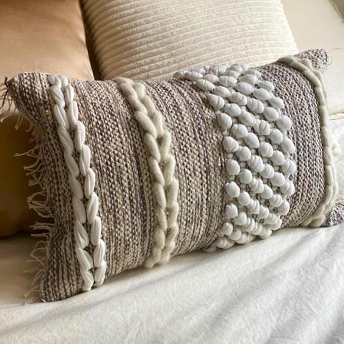 Decorative Boho-Chic Lumbar Pillow Cover 12x20 Premium Handwoven Tufted Cotton - Image 2