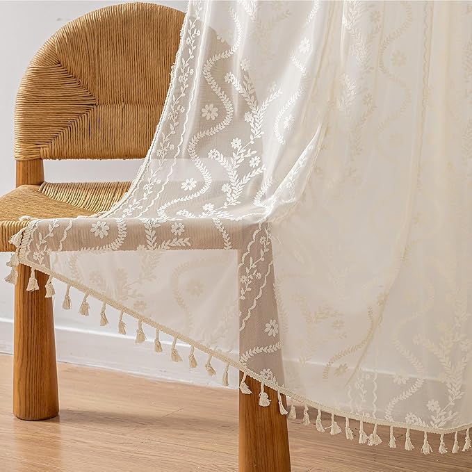 WAZZIO Boho Lace Curtains 2 Panels 80 Inches -Cute Vintage Victorian Sheer - Image 6