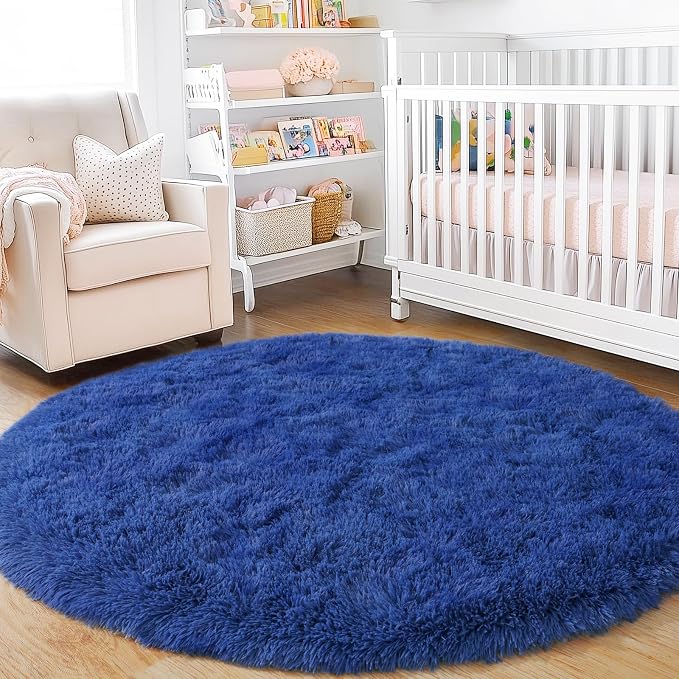 3'x3' Blue Round Rug for Bedroom, Ultra Soft Fluffy Circle Rug for Kids Girls - Image 3