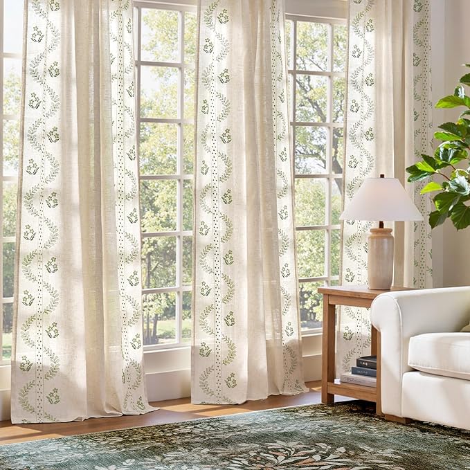 jinchan Belrose Linen Curtains for Bedroom Floral Curtains 108 Inch Length - Image 3