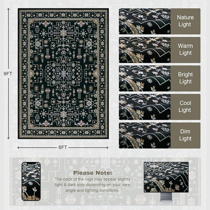 6x9 Area Rugs Living Room Rug: Washable Vintage Boho Medallion Rug No Slip - Image 2