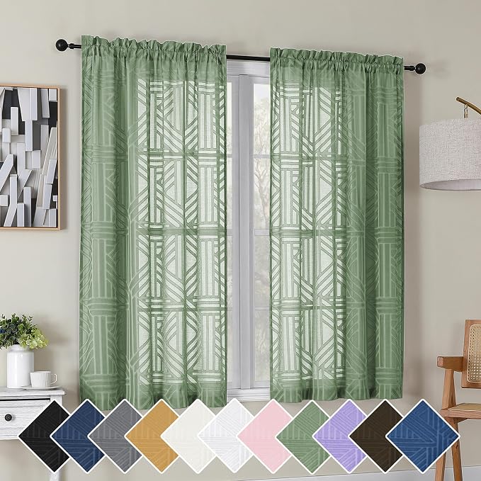 Simplebrand Sage Green Semi Sheer Curtains 45 Inch Length 2 Panels, Geometric by Simplebrand