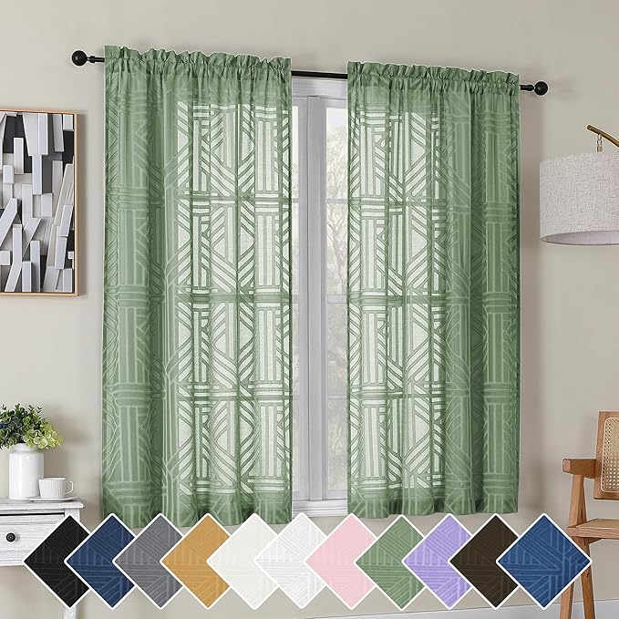 Simplebrand Sage Green Semi Sheer Curtains 54 Inch Length 2 Panels, Geometric by Simplebrand