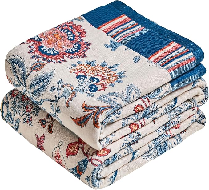 MSGKV Boho Throw Blanket 90"x108" 100% Cotton Floral Blanket by MSGKVHomeTextiles
