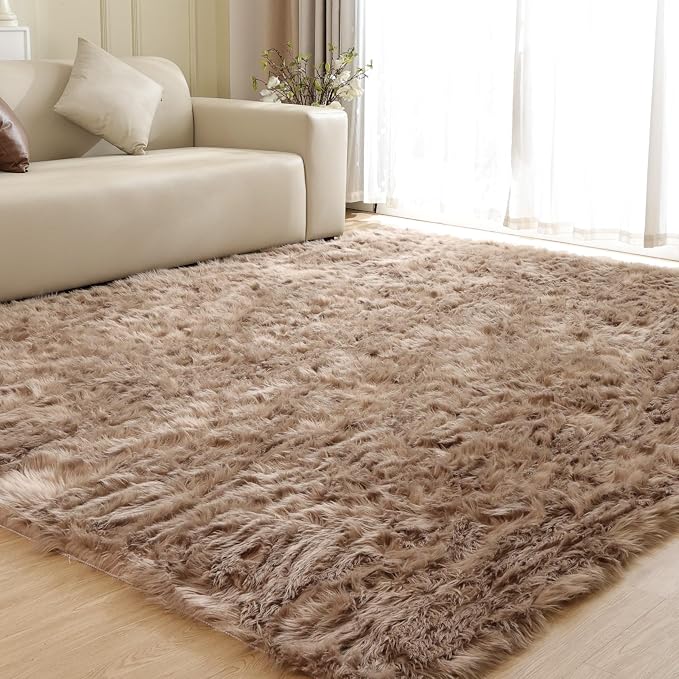 ORINOVA Fluffy Beige 8X10 Area Rug Faux Sheepskin Shaggy Fur Rug Washable by ORINOVA