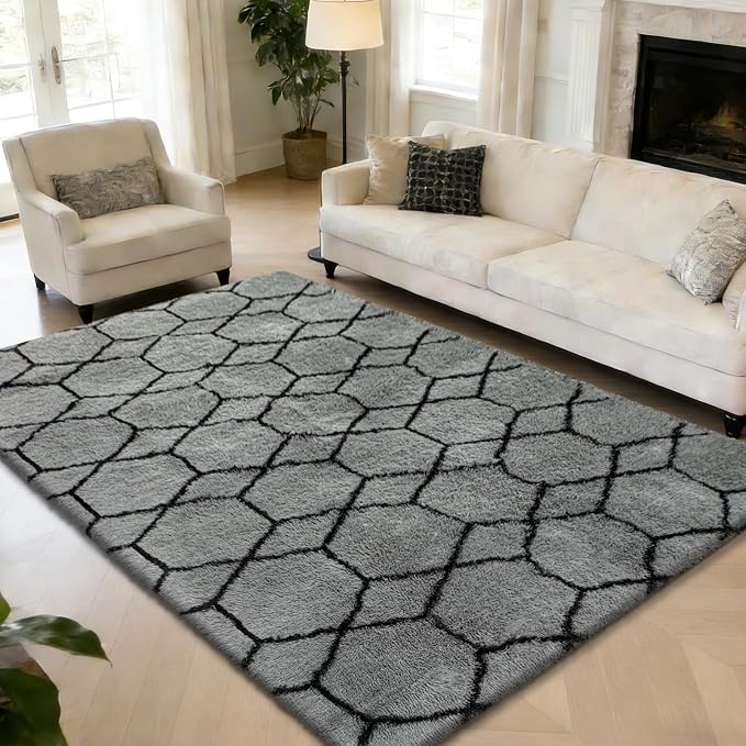 Shag Area Rug for Bedroom 5x8, Fluffy Area Rugs for Living Room, Geometric Soft - Image 2