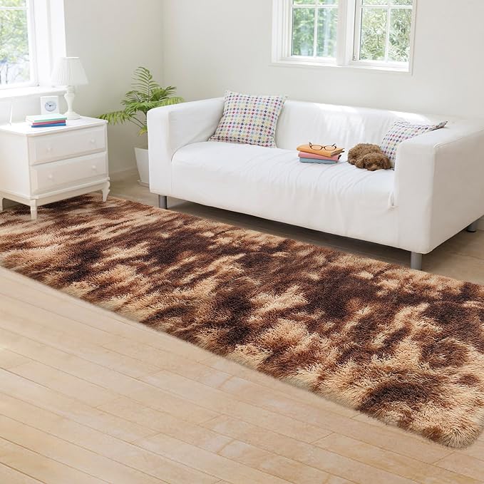 Super Soft Fluffy Living Room Area Rug 2x8 ft Tie-Dyed Brown Shaggy Furry - Image 2