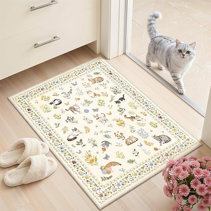 2x3 Cat Rugs for Entryway, Machine Washable Door Mat Animal Floral Small Area by Soalmost