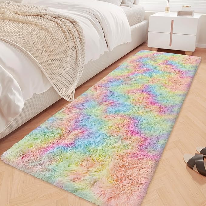 Fluffy Rainbow Rug for Girls Bedroom 2x6 Feet Kawaii Tie Dye Runner Rug Cute by JiaoBaba