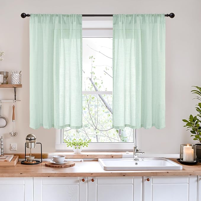 BGment 40 Inch Length Light Green Linen Curtains - Image 2