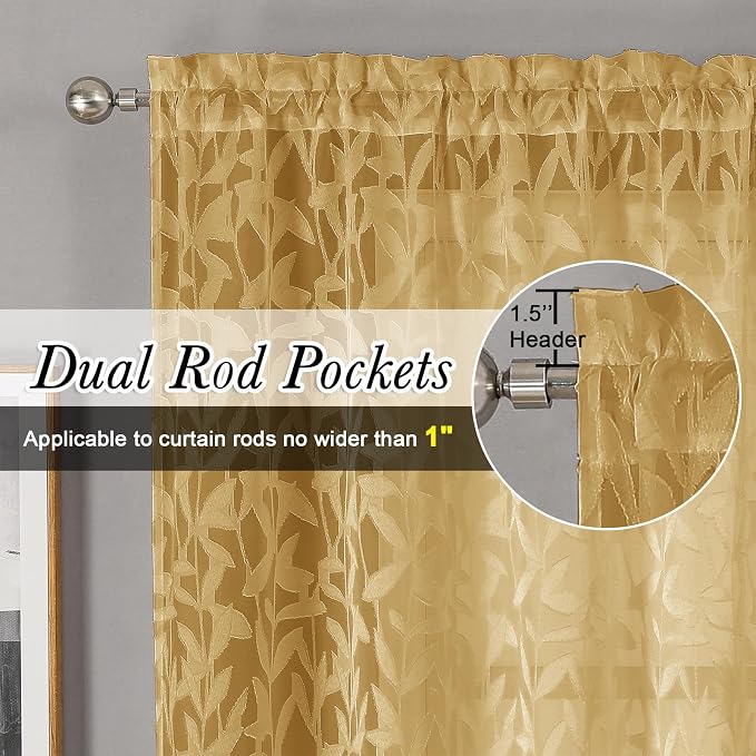 Lecloud Leia Dark Gold Sheer Curtains 54 Inch Length 2 Panels, Light Reducing - Image 2