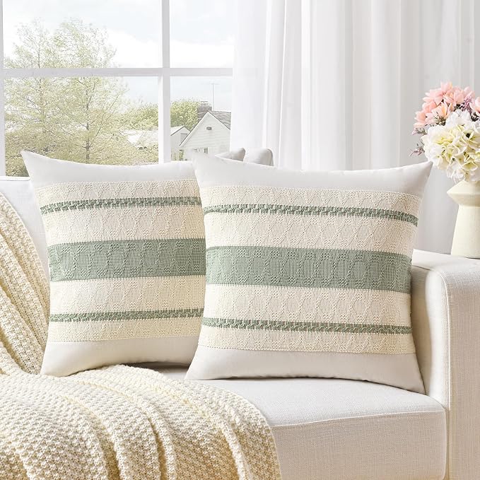 Fancy Homi Set of 1 Sage Green Boho Decorative Throw Pillow Covers 22x22 Inch - Image 2