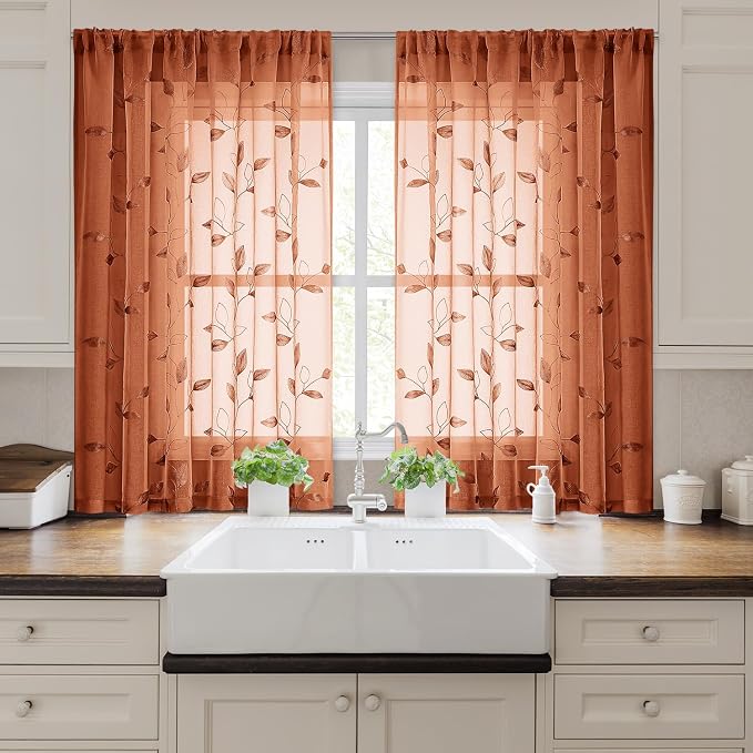 HOMEIDEAS Fall Burnt Orange Sheer Kitchen Curtains 52 x 45 Inch Length 2 Panels - Image 6