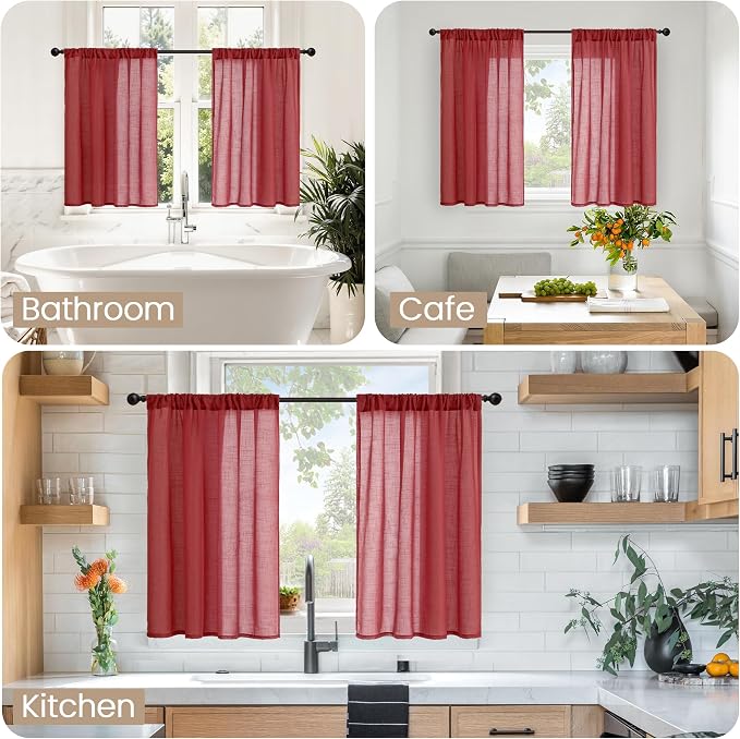 BGment Burgundy Linen Kitchen Window Curtains Over Sink 36 Inch Length - Image 2