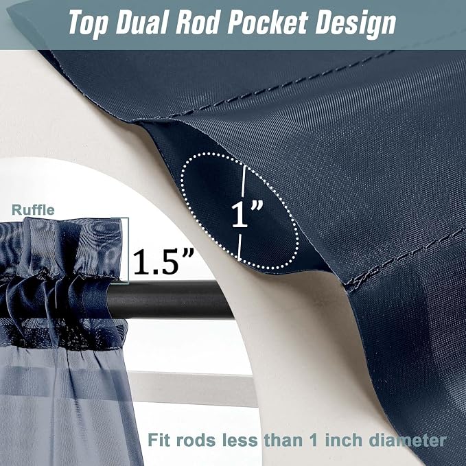 Navy Blue Small Sheer Curtains Tier 24 Inches Length 2 Pieces, Light Filtering - Image 3