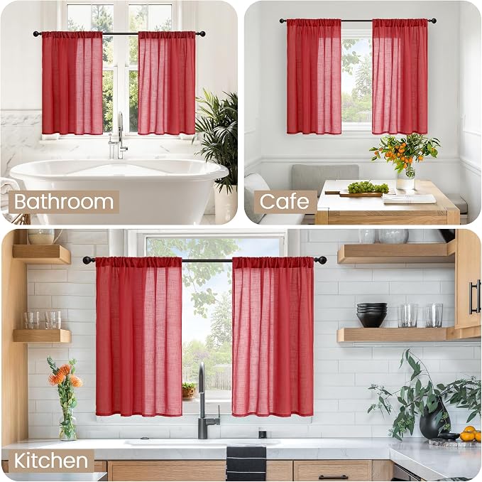 BGment Red Kitchen Curtains 36 Inch Length, Short Semi Sheer Drapes Lightweight - Image 2