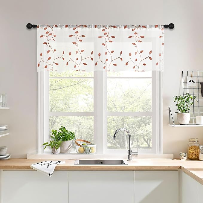 MRTREES Sheer Christmas Curtain Valance, 2 Panels Voile Leaves Embroidered - Image 6