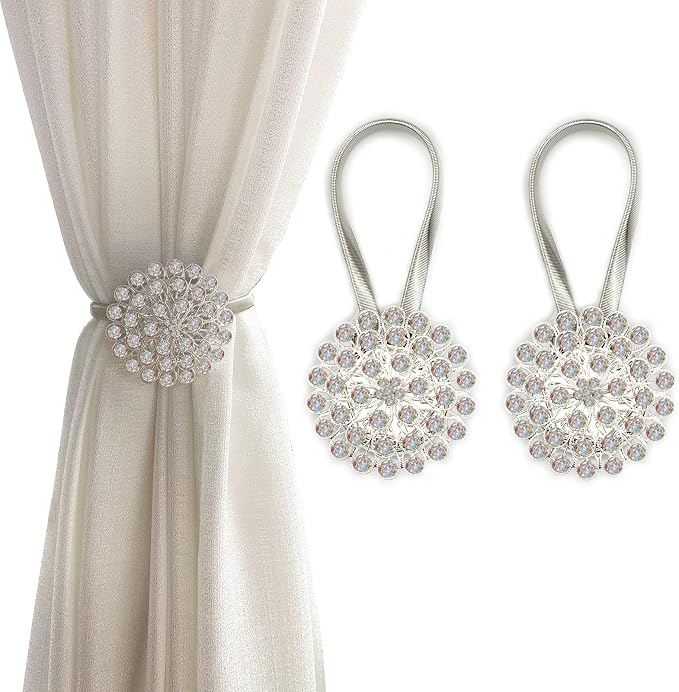 Magnetic Tiebacks for Curtains, 2 Pack Sparkling Crystal Flower Curtain by FOZUBOYO